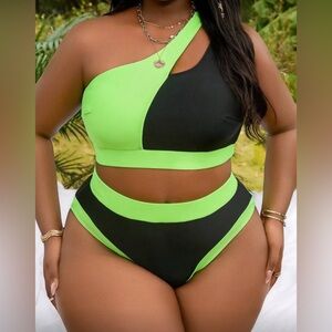 Neon Green and Black One-Shoulder Bikini